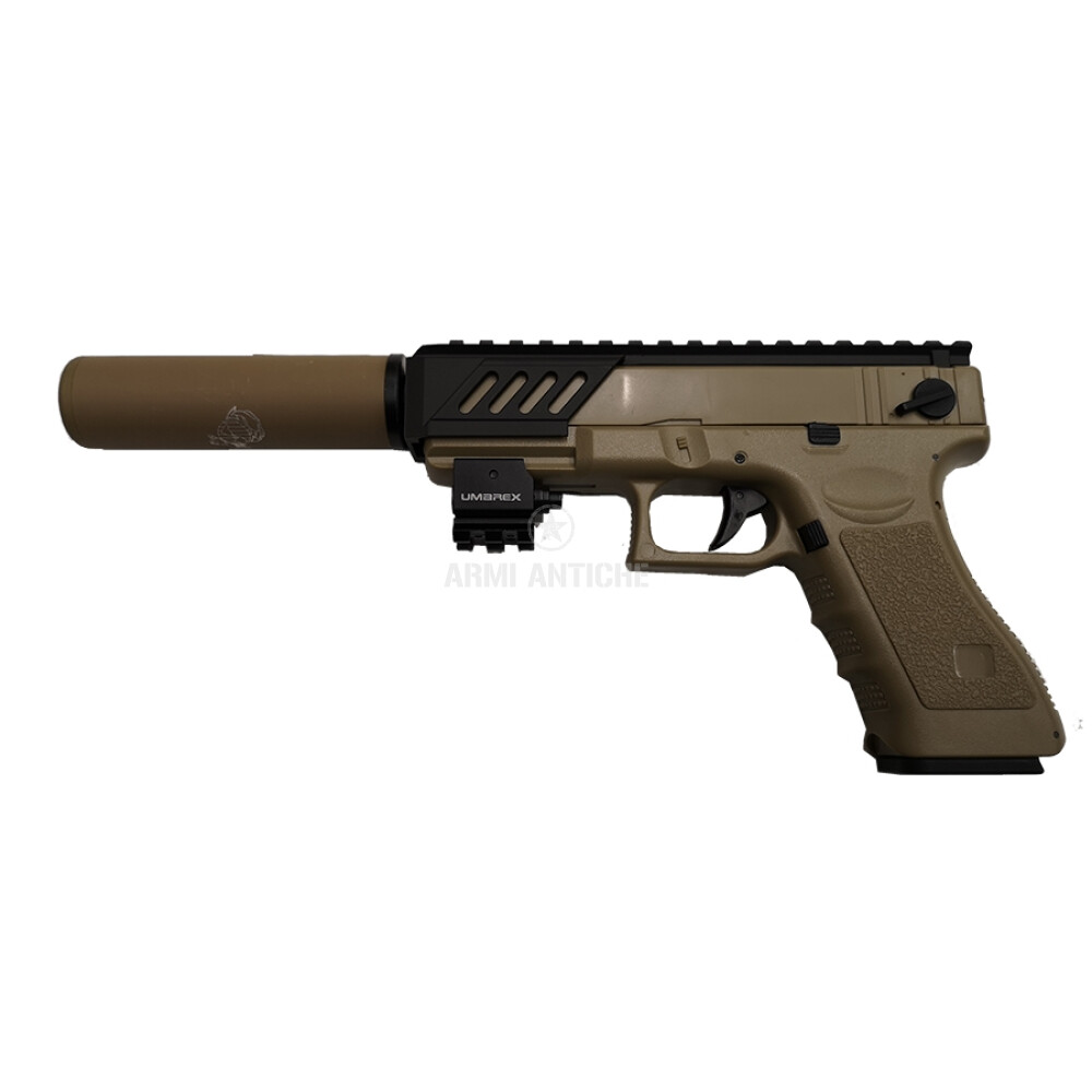 Pistola Softair Glock Tan Elettrica  Gear Box in metallo  Assalt Version con slitta + Silenziatore + Laser
